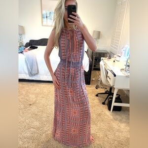 TOLANI coral and blue patterned maxi dress